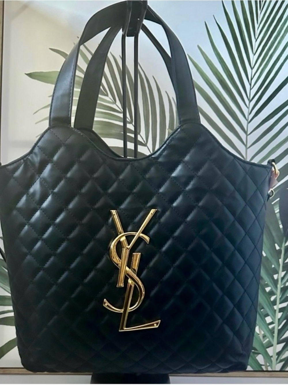 Quilted Black Tote with Gold Monogram Accent